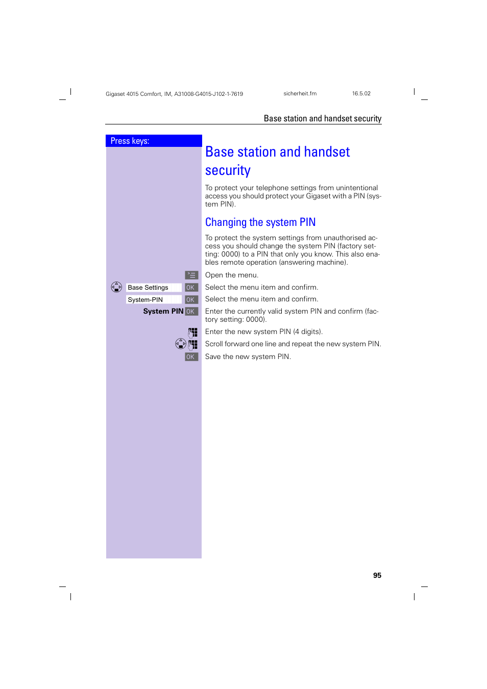 Base station and handset security, Changing the system pin, Base station and handset security | Siemens 4015 User Manual | Page 96 / 121