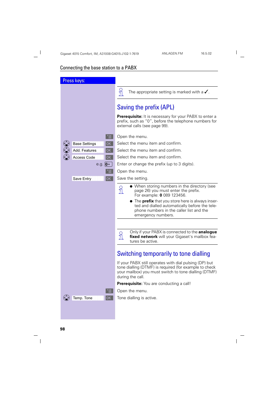 Saving the prefix (apl), Switching temporarily to tone dialling | Siemens 4015 User Manual | Page 99 / 121