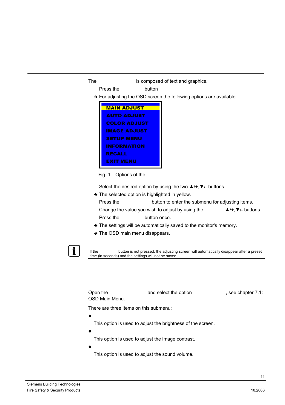 Adjusting the osd screen (dvi and pc), Osd main menu, Adjusting brightness, contrast, volume | 7adjusting the osd screen (dvi and pc), 1 osd main menu, 2 adjusting brightness, contrast, volume | Siemens CMTC1720 User Manual | Page 11 / 20