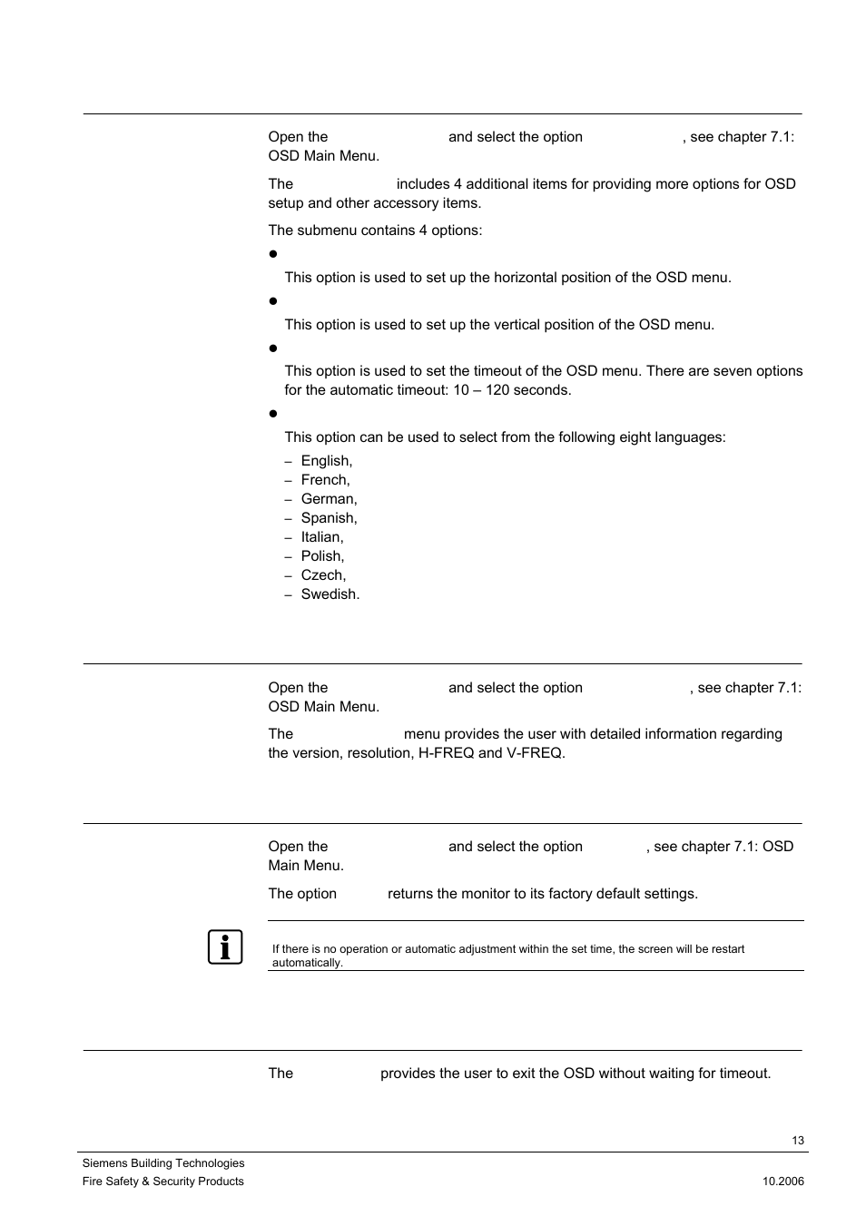 Options for osd setup, Open the information, Reset to factory default setting | Exit the osd main menu, 6 options for osd setup, 7 open the information, 8 reset to factory default setting, 9 exit the osd main menu | Siemens CMTC1720 User Manual | Page 13 / 20