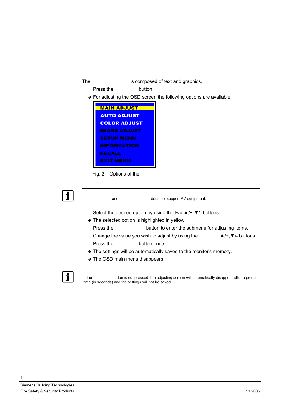 Adjusting osd screen (av equipment), Osd main menu, 8adjusting osd screen (av equipment) | 1 osd main menu | Siemens CMTC1720 User Manual | Page 14 / 20