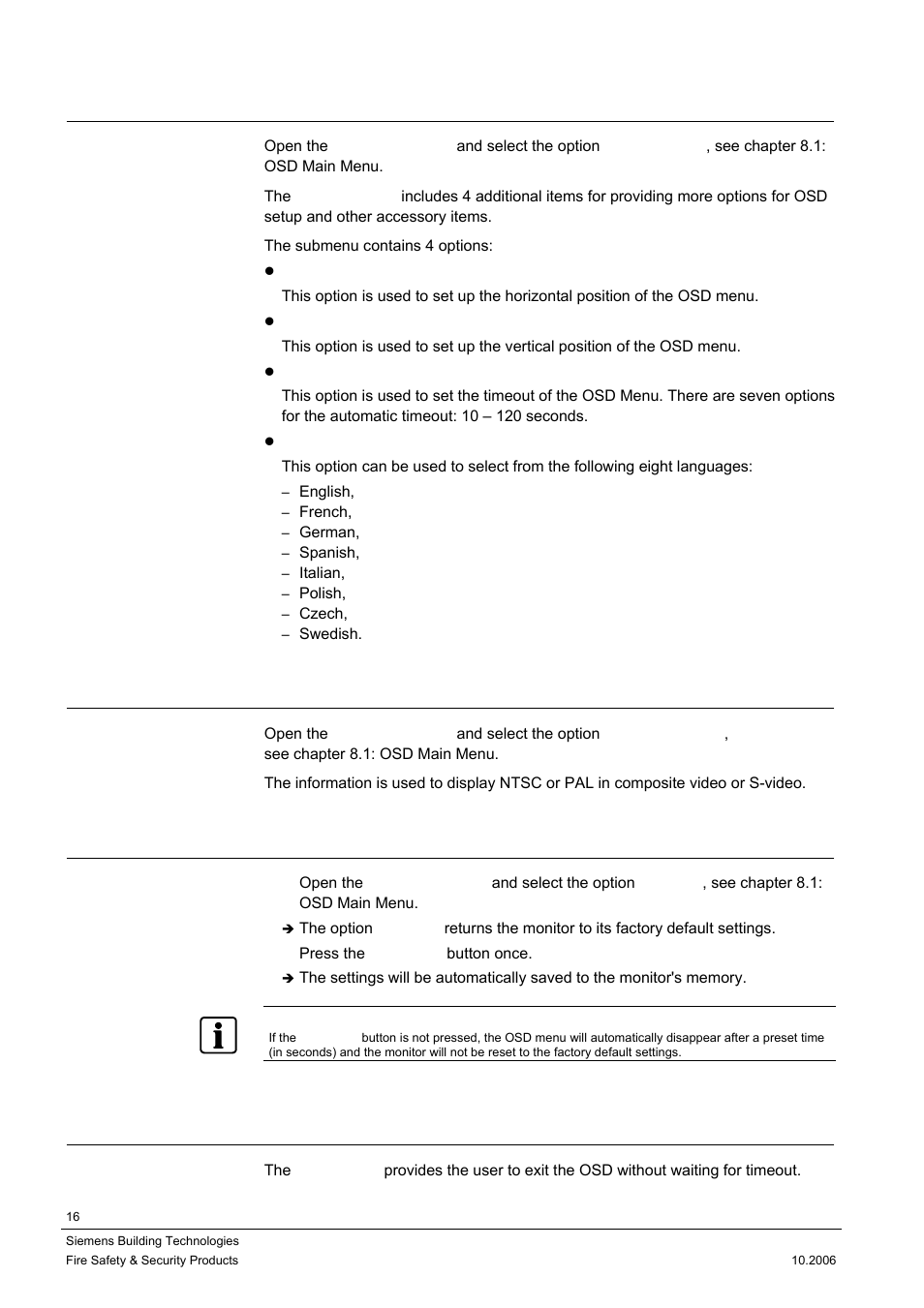 Options for osd setup, Open the information, Reset to factory default setting | Exit the osd main menu, 4 options for osd setup, 5 open the information, 6 reset to factory default setting, 7 exit the osd main menu | Siemens CMTC1720 User Manual | Page 16 / 20