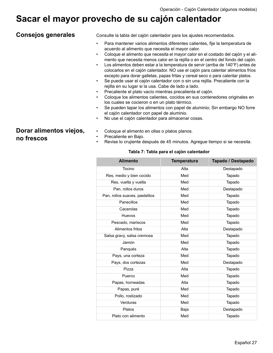 Sacar el mayor provecho de su cajón calentador, Consejos generales, Dorar alimentos viejos, no frescos | Tabla 7: tabla para el cajón calentador | Siemens HE2216C User Manual | Page 101 / 112