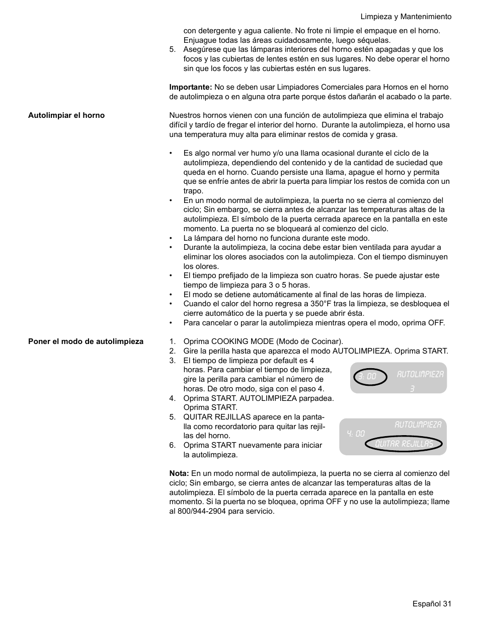 Autolimpiar el horno, Poner el modo de autolimpieza, Oprima cooking mode (modo de cocinar) | Oprima start. autolimpieza parpadea. oprima start | Siemens HE2216C User Manual | Page 105 / 112