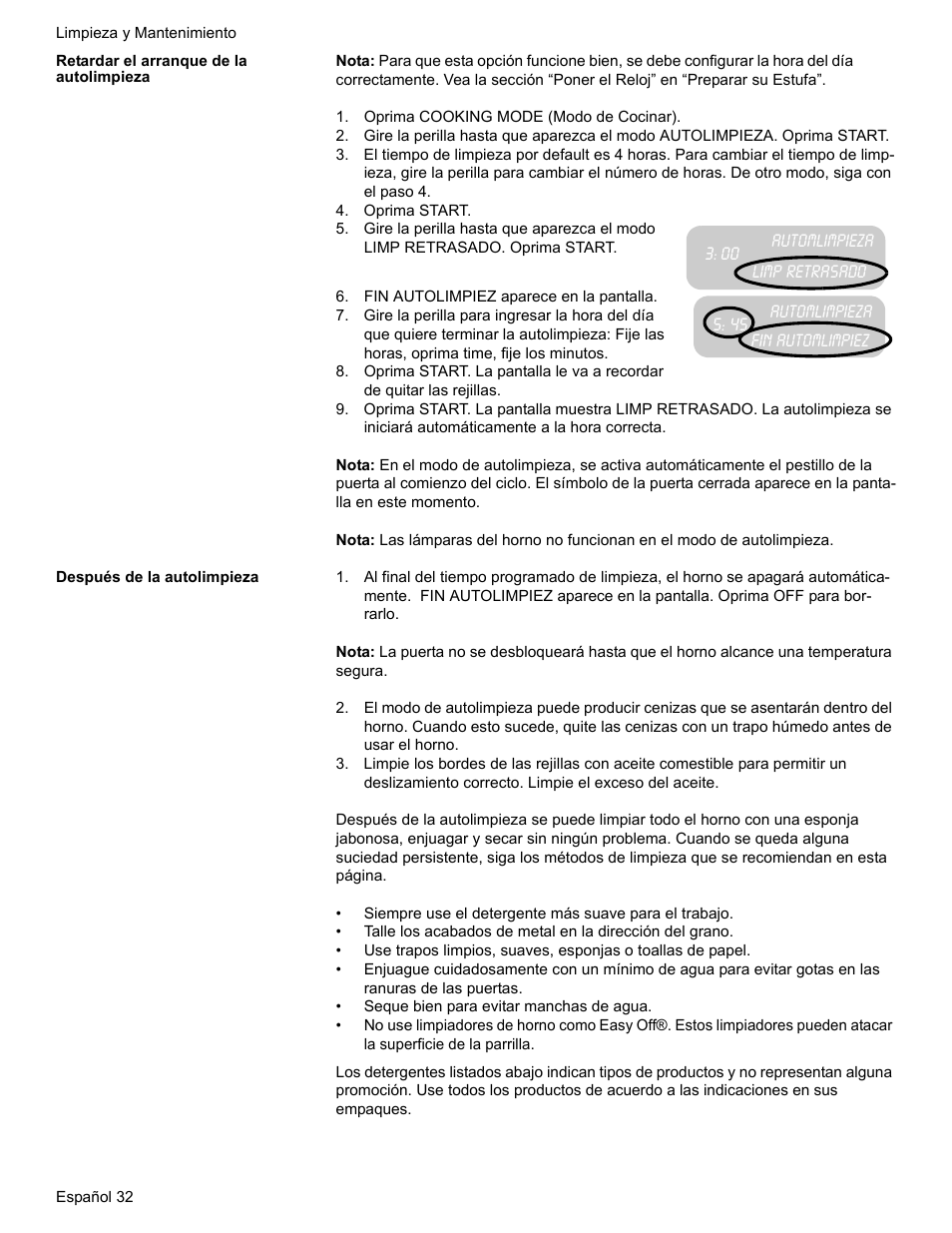 Retardar el arranque de la autolimpieza, Oprima cooking mode (modo de cocinar), Oprima start | Fin autolimpiez aparece en la pantalla, Después de la autolimpieza | Siemens HE2216C User Manual | Page 106 / 112