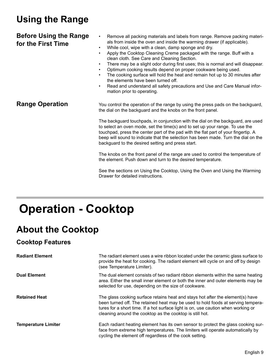 Using the range, Before using the range for the first time, Range operation | Operation - cooktop, About the cooktop, Cooktop features, Radiant element, Dual element, Retained heat, Temperature limiter | Siemens HE2216C User Manual | Page 11 / 112