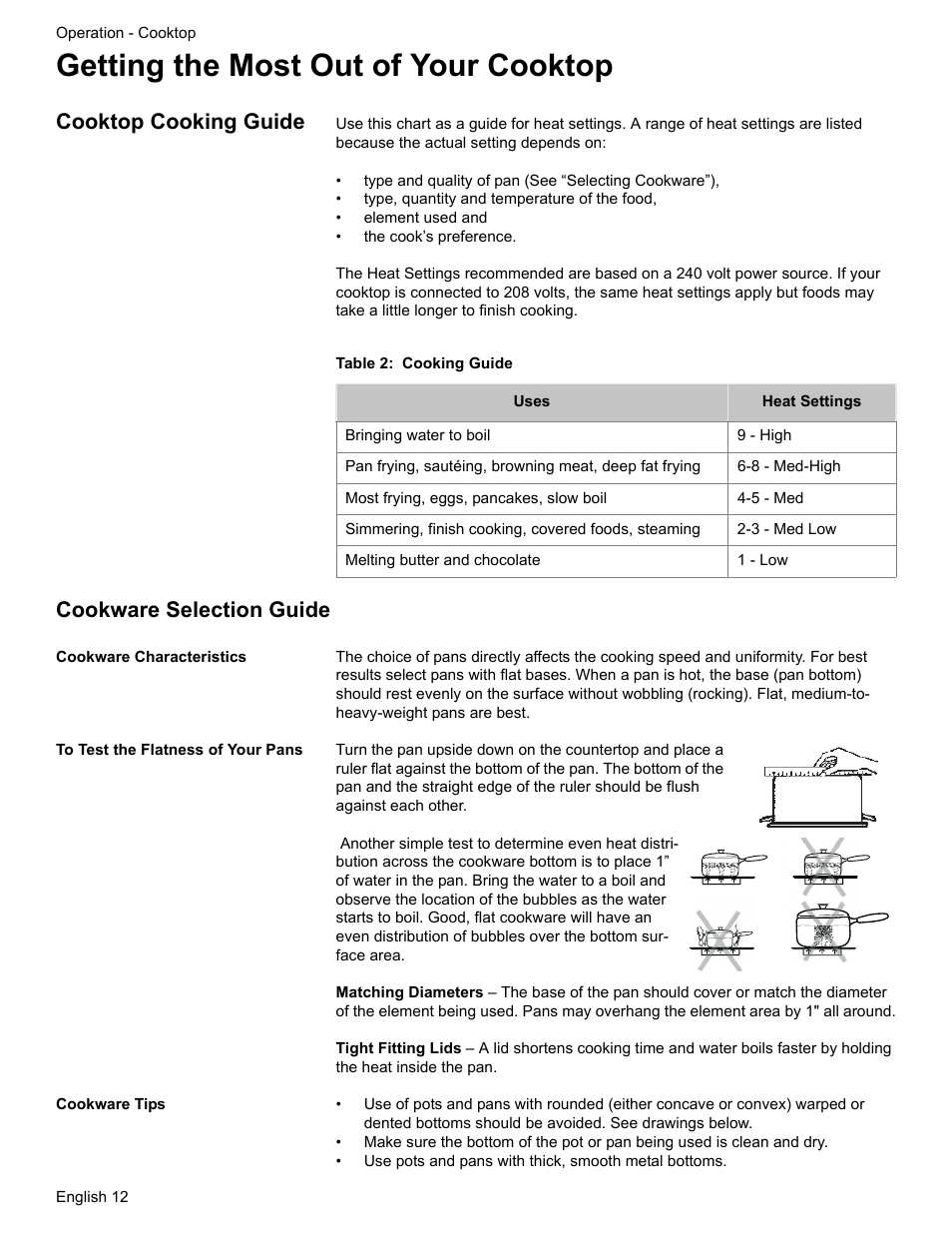 Getting the most out of your cooktop, Cooktop cooking guide, Table 2: cooking guide | Cookware selection guide, Cookware characteristics, To test the flatness of your pans, Cookware tips | Siemens HE2216C User Manual | Page 14 / 112