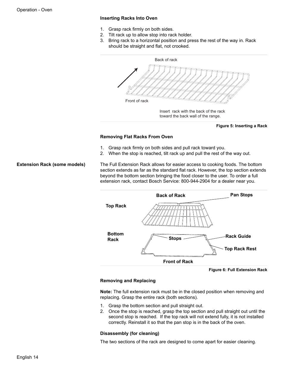 Grasp rack firmly on both sides, Tilt rack up to allow stop into rack holder, Figure 5: inserting a rack | Extension rack (some models), Figure 6: full extension rack, Grasp the bottom section and pull straight out | Siemens HE2216C User Manual | Page 16 / 112