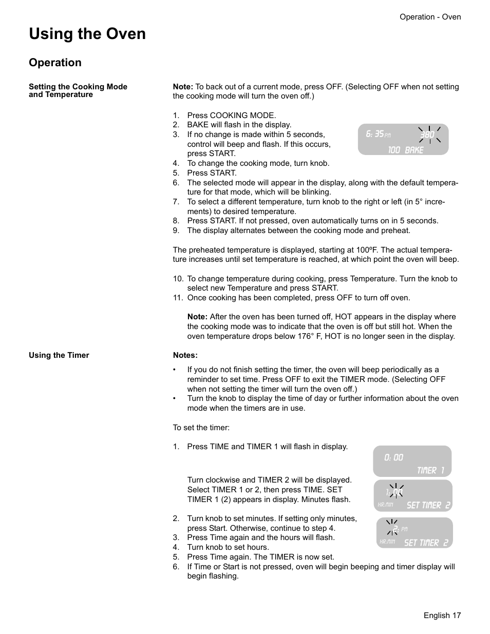 Using the oven, Operation, Setting the cooking mode and temperature | Press cooking mode, Bake will flash in the display, To change the cooking mode, turn knob, Press start, Using the timer, Press time and timer 1 will flash in display, Press time again and the hours will flash | Siemens HE2216C User Manual | Page 19 / 112