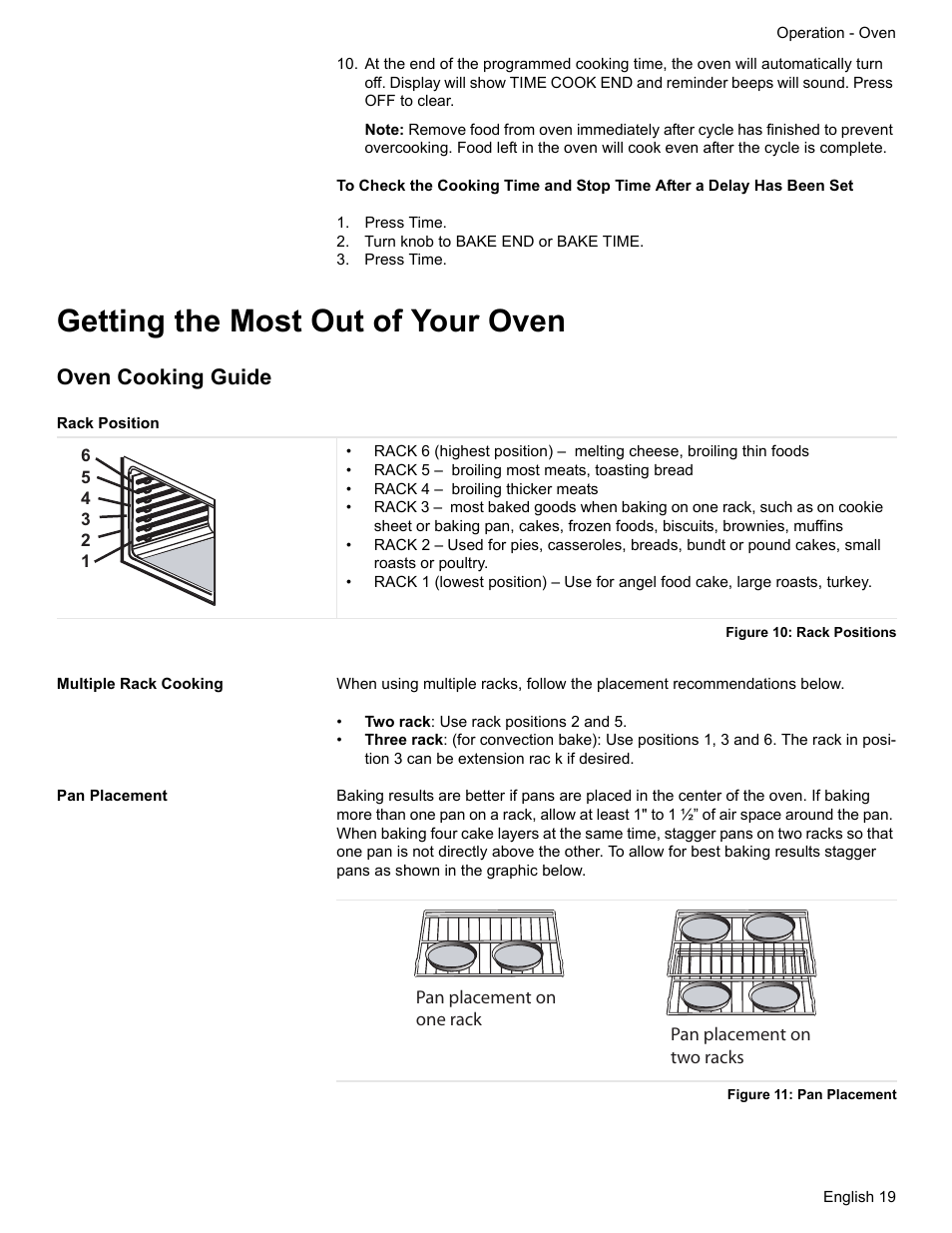 Press time, Turn knob to bake end or bake time, Getting the most out of your oven | Oven cooking guide, Rack position, Figure 10: rack positions, Multiple rack cooking, Pan placement, Figure 11: pan placement | Siemens HE2216C User Manual | Page 21 / 112