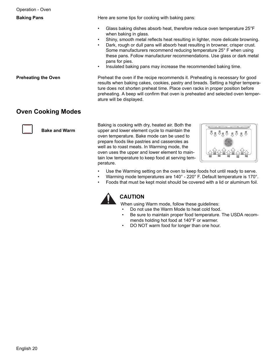 Baking pans, Preheating the oven, Oven cooking modes | Bake and warm | Siemens HE2216C User Manual | Page 22 / 112