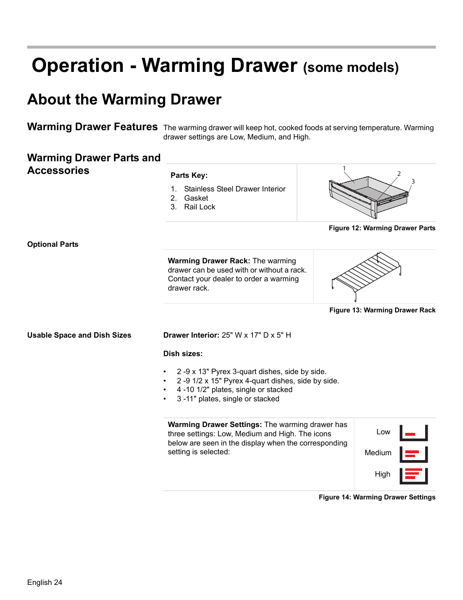 Operation - warming drawer (some models), About the warming drawer, Warming drawer features | Warming drawer parts and accessories, Stainless steel drawer interior, Gasket, Rail lock, Figure 12: warming drawer parts, Optional parts, Figure 13: warming drawer rack | Siemens HE2216C User Manual | Page 26 / 112