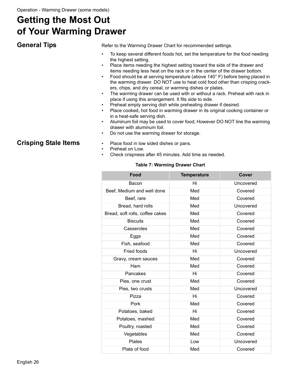 Getting the most out of your warming drawer, General tips, Crisping stale items | Table 7: warming drawer chart | Siemens HE2216C User Manual | Page 28 / 112