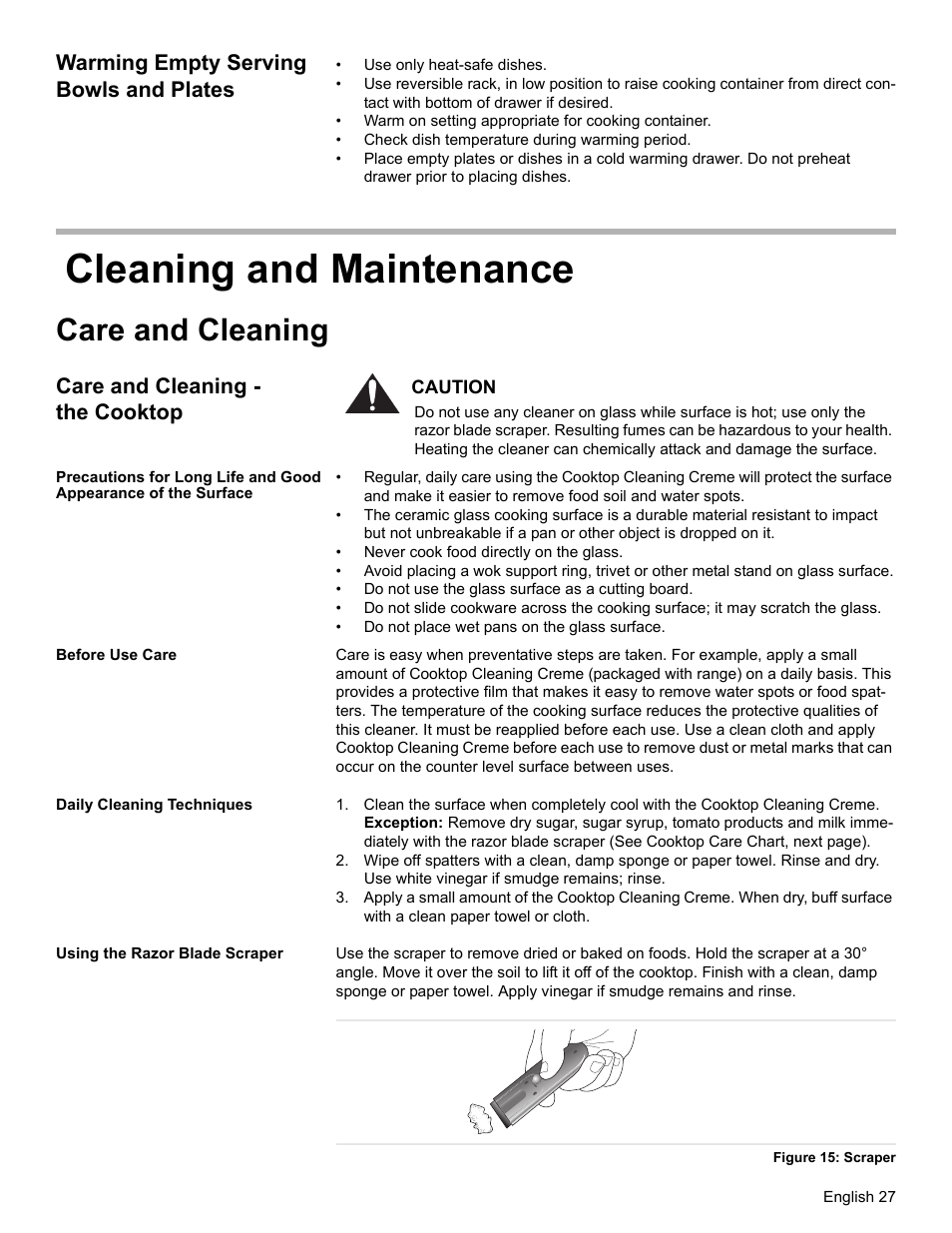 Warming empty serving bowls and plates, Cleaning and maintenance, Care and cleaning | Care and cleaning - the cooktop, Before use care, Daily cleaning techniques, Using the razor blade scraper, Figure 15: scraper | Siemens HE2216C User Manual | Page 29 / 112