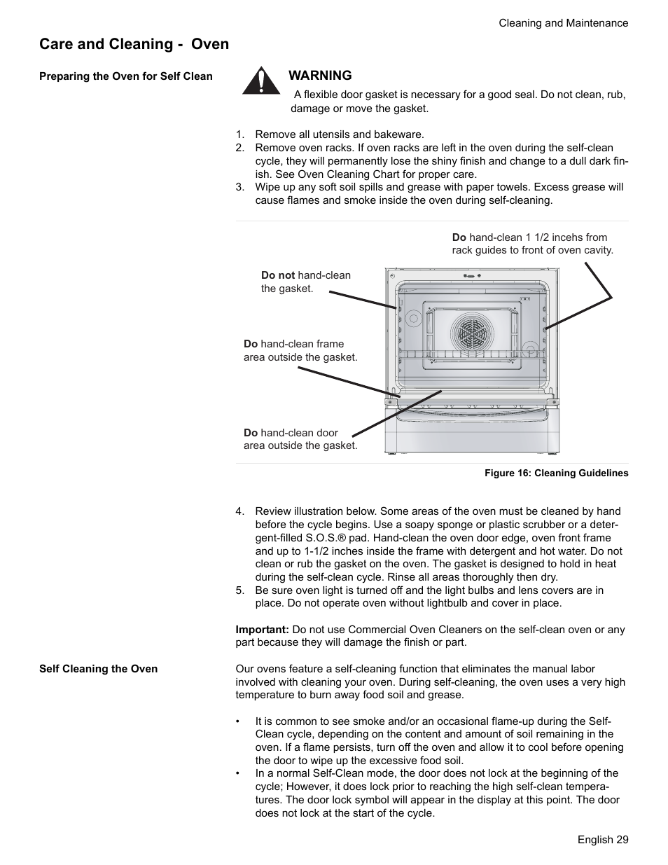 Care and cleaning - oven, Preparing the oven for self clean, Remove all utensils and bakeware | Figure 16: cleaning guidelines, Self cleaning the oven | Siemens HE2216C User Manual | Page 31 / 112