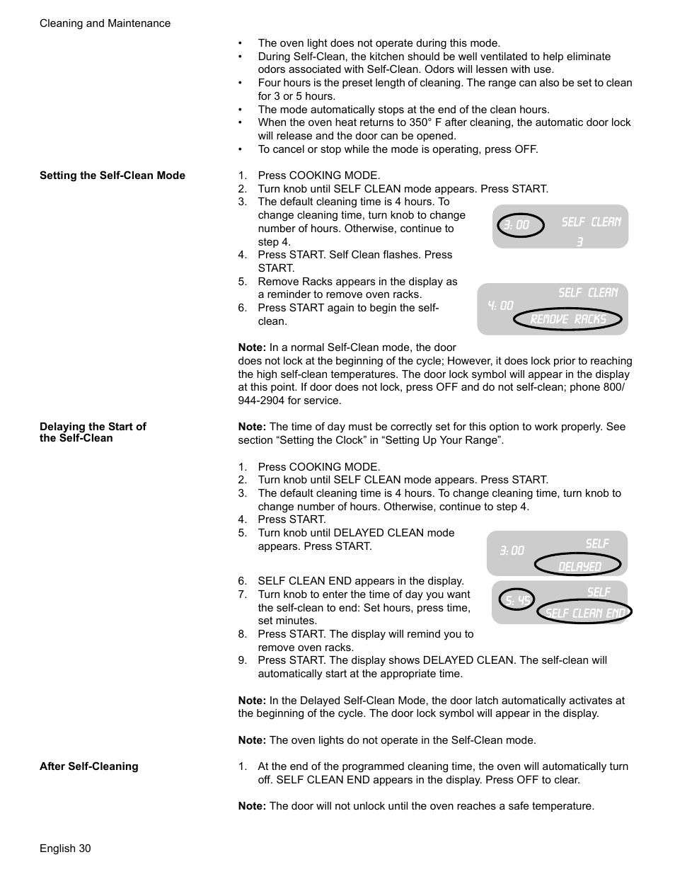 Setting the self-clean mode, Press cooking mode, Press start. self clean flashes. press start | Press start again to begin the self- clean, Delaying the start of the self-clean, Press start, Self clean end appears in the display, After self-cleaning | Siemens HE2216C User Manual | Page 32 / 112