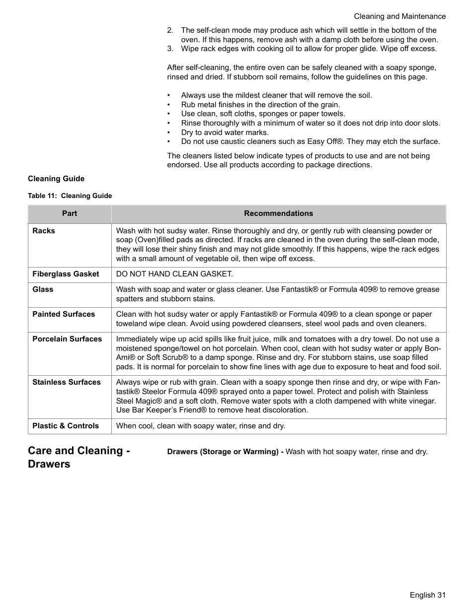 Cleaning guide, Table 11: cleaning guide, Care and cleaning - drawers | Siemens HE2216C User Manual | Page 33 / 112