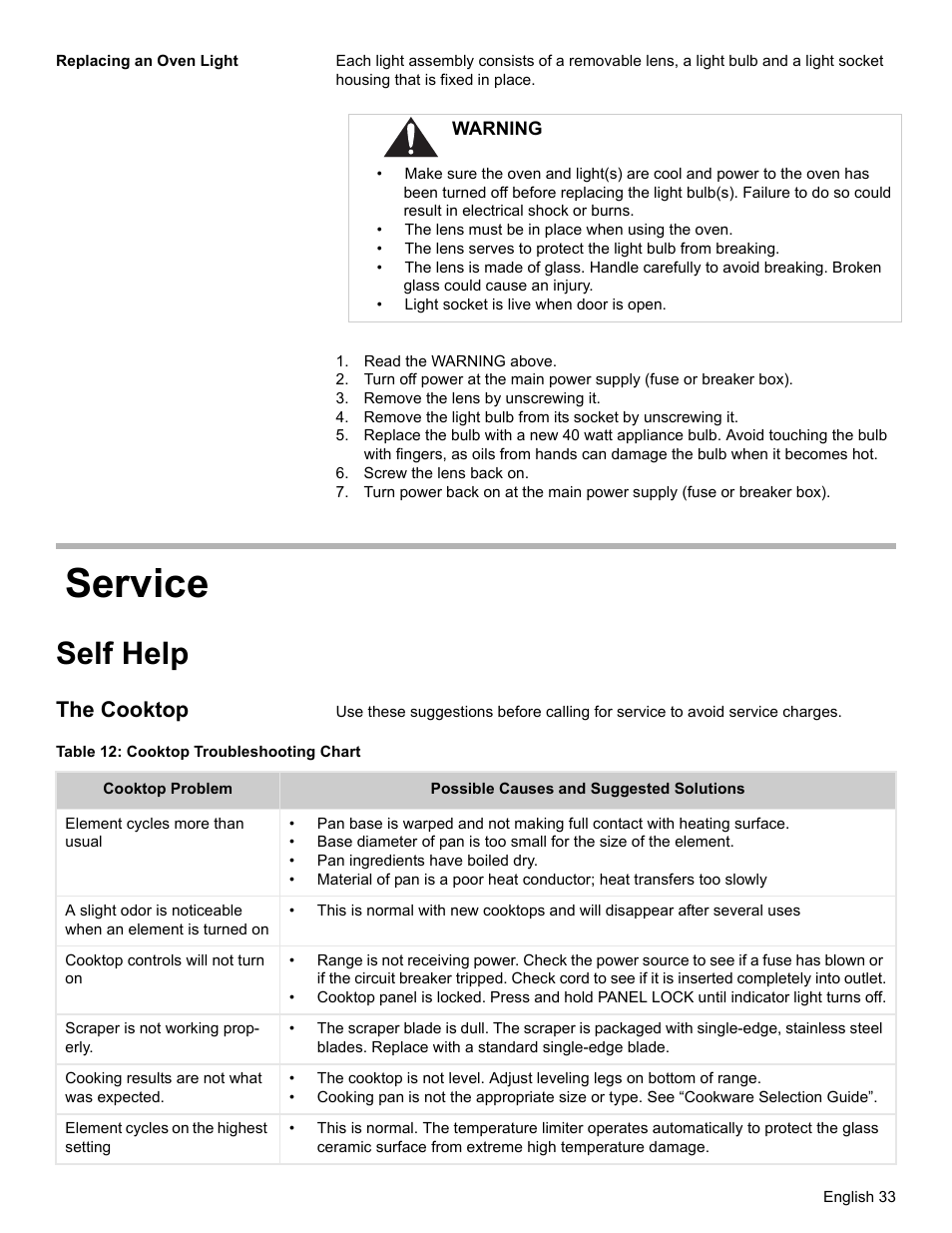 Replacing an oven light, Read the warning above, Remove the lens by unscrewing it | Screw the lens back on, Service, Self help, The cooktop, Table 12: cooktop troubleshooting chart | Siemens HE2216C User Manual | Page 35 / 112