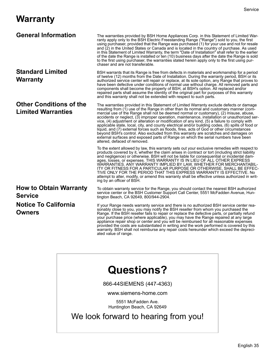 Warranty, General information, Standard limited warranty | Other conditions of the limited warranties, How to obtain warranty service, Notice to california owners, Questions, We look forward to hearing from you | Siemens HE2216C User Manual | Page 37 / 112