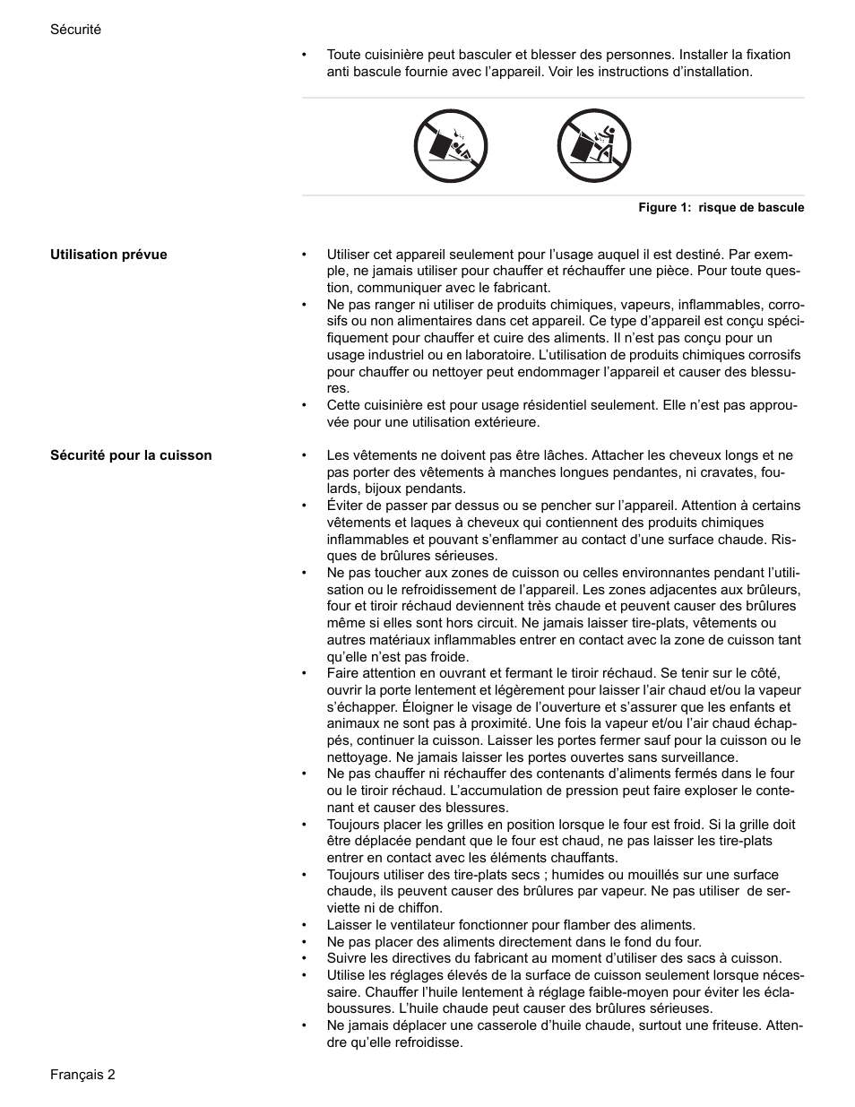 Figure 1: risque de bascule, Utilisation prévue, Sécurité pour la cuisson | Siemens HE2216C User Manual | Page 40 / 112