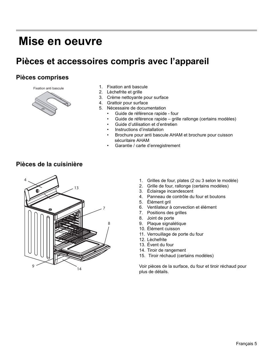 Mise en oeuvre, Pièces et accessoires compris avec l’appareil, Pièces comprises | Fixation anti bascule, Lèchefrite et grille, Crème nettoyante pour surface, Grattoir pour surface, Nécessaire de documentation, Pièces de la cuisinière, Grilles de four, plates (2 ou 3 selon le modèle) | Siemens HE2216C User Manual | Page 43 / 112
