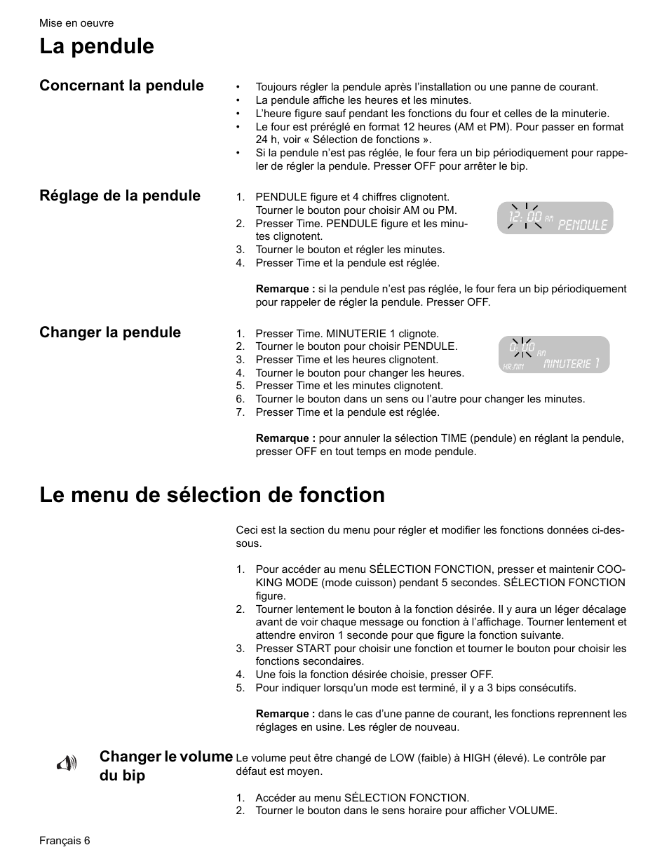 La pendule, Concernant la pendule, Réglage de la pendule | Tourner le bouton et régler les minutes, Presser time et la pendule est réglée, Changer la pendule, Presser time. minuterie 1 clignote, Tourner le bouton pour choisir pendule, Presser time et les heures clignotent, Tourner le bouton pour changer les heures | Siemens HE2216C User Manual | Page 44 / 112