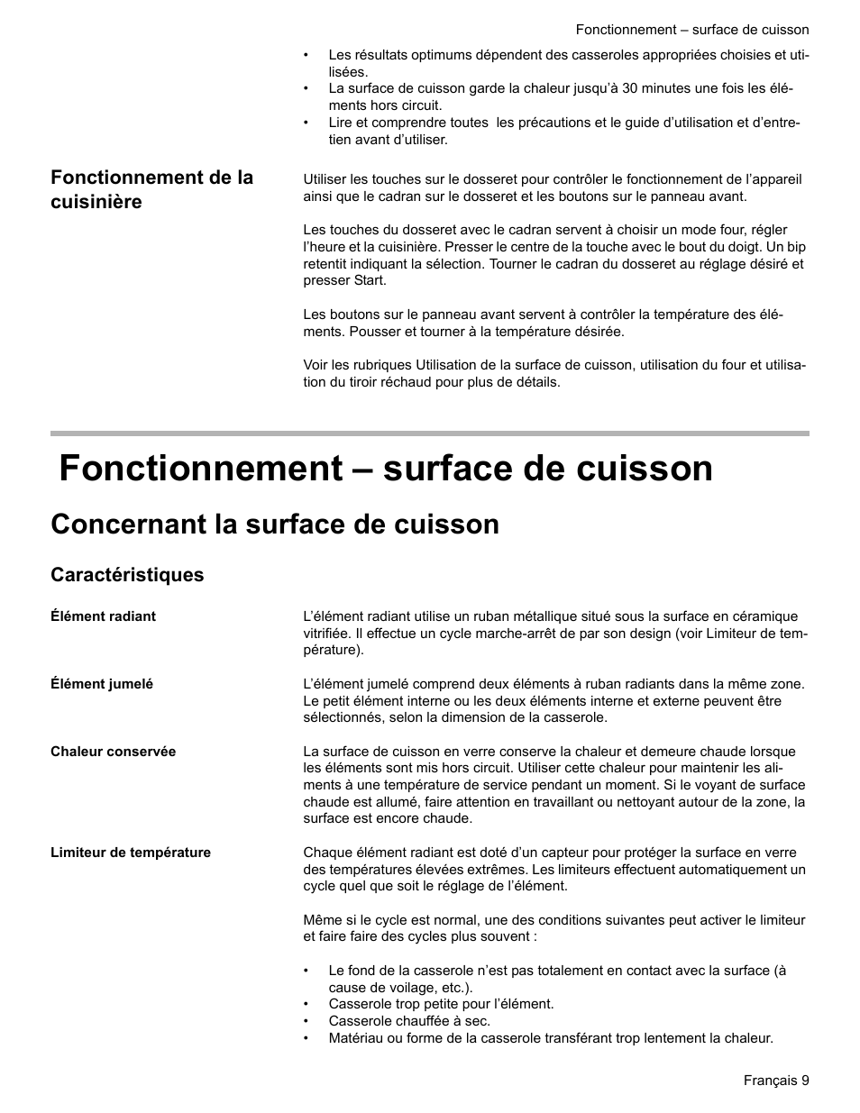 Fonctionnement de la cuisinière, Fonctionnement - surface de cuisson, Concernant la surface de cuisson | Caractéristiques, Élément radiant, Élément jumelé, Chaleur conservée, Limiteur de température, Fonctionnement – surface de cuisson | Siemens HE2216C User Manual | Page 47 / 112