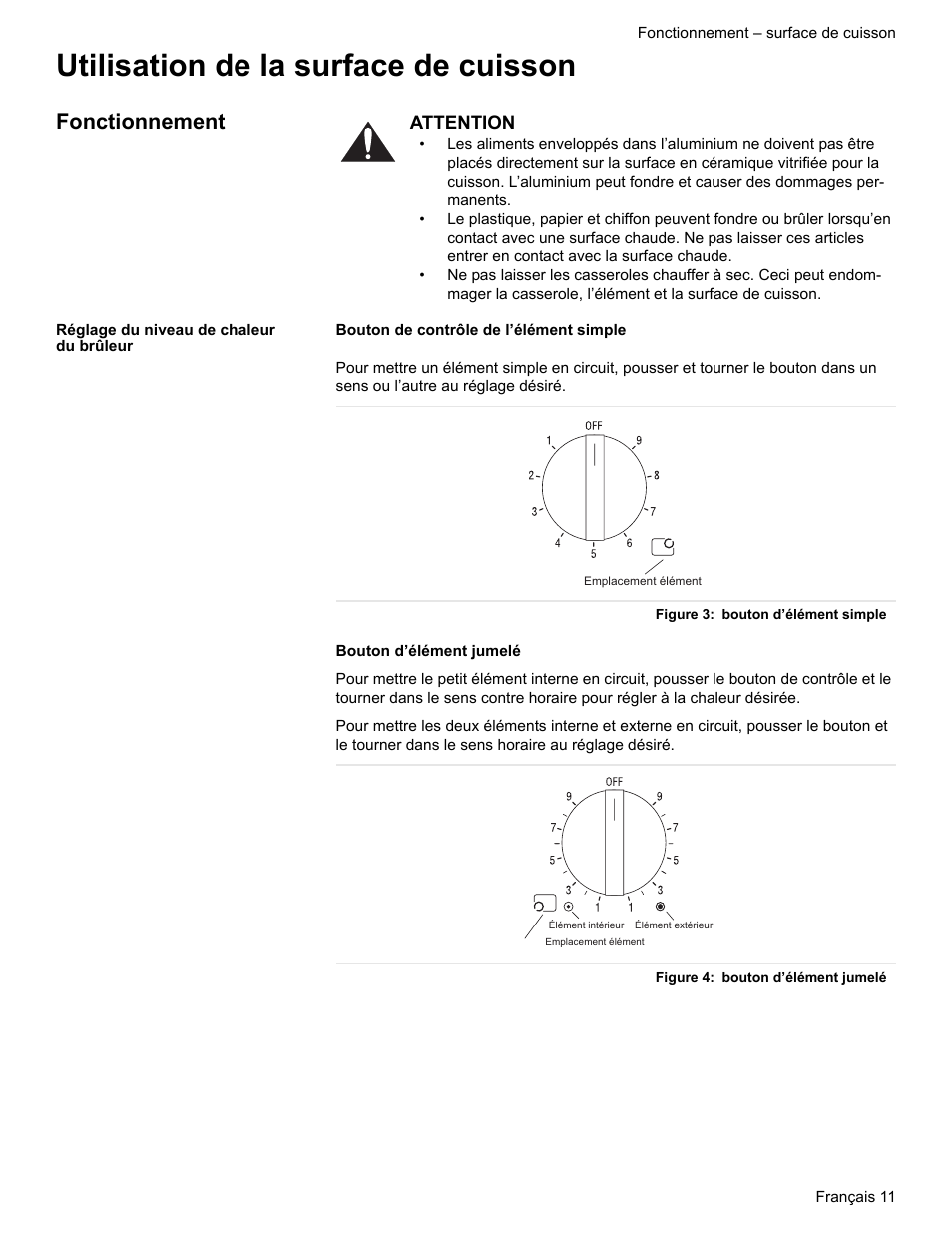 Utilisation de la surface de cuisson, Fonctionnement, Réglage du niveau de chaleur du brûleur | Figure 3: bouton d’élément simple, Figure 4: bouton d’élément jumelé | Siemens HE2216C User Manual | Page 49 / 112