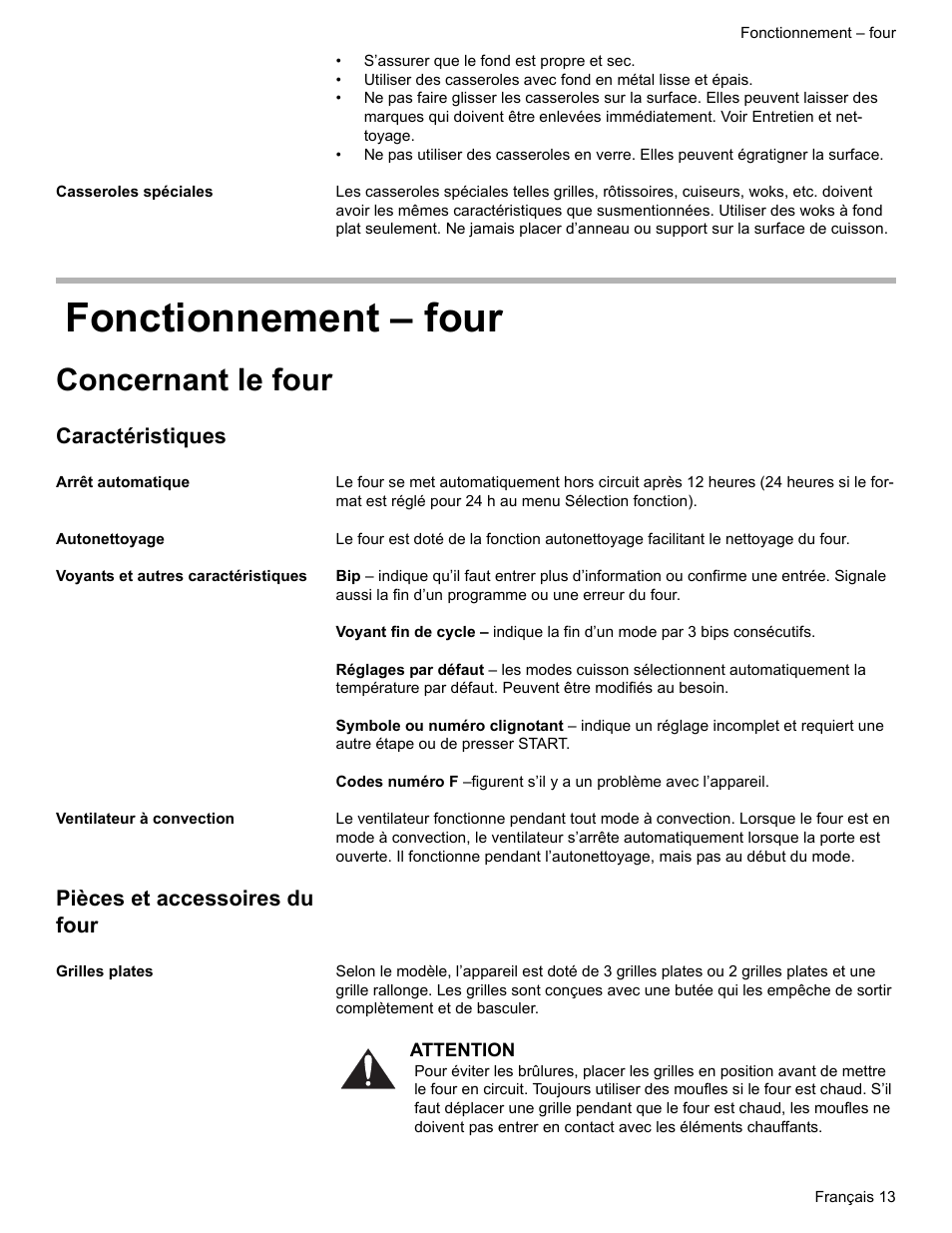 Casseroles spéciales, Fonctionnement - four, Concernant le four | Caractéristiques, Arrêt automatique, Autonettoyage, Voyants et autres caractéristiques, Ventilateur à convection, Pièces et accessoires du four, Grilles plates | Siemens HE2216C User Manual | Page 51 / 112