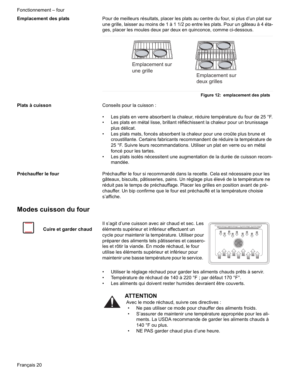 Emplacement des plats, Figure 12: emplacement des plats, Plats à cuisson | Préchauffer le four, Modes cuisson du four, Cuire et garder chaud | Siemens HE2216C User Manual | Page 58 / 112