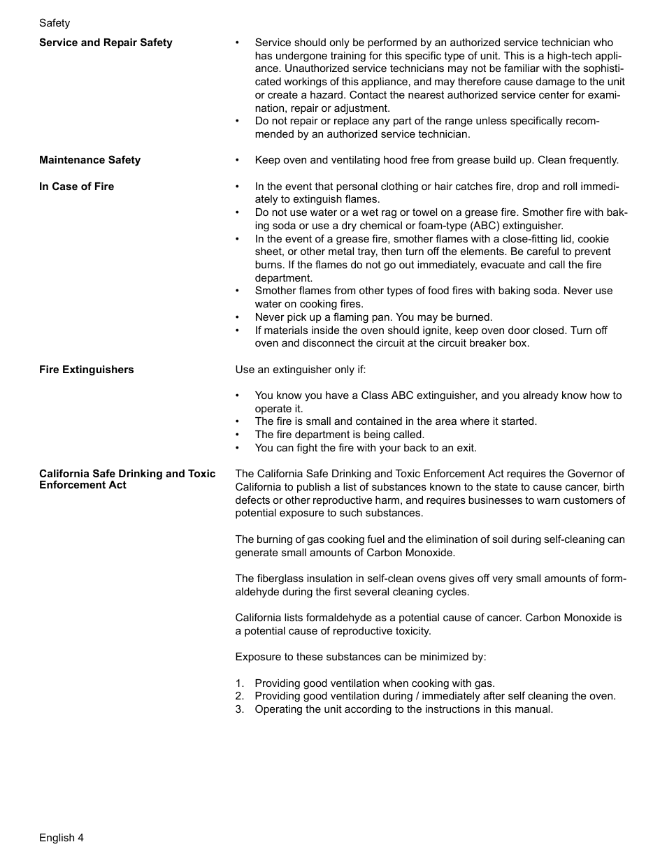 Service and repair safety, Maintenance safety, In case of fire | Fire extinguishers, California safe drinking and toxic enforcement act, Providing good ventilation when cooking with gas | Siemens HE2216C User Manual | Page 6 / 112