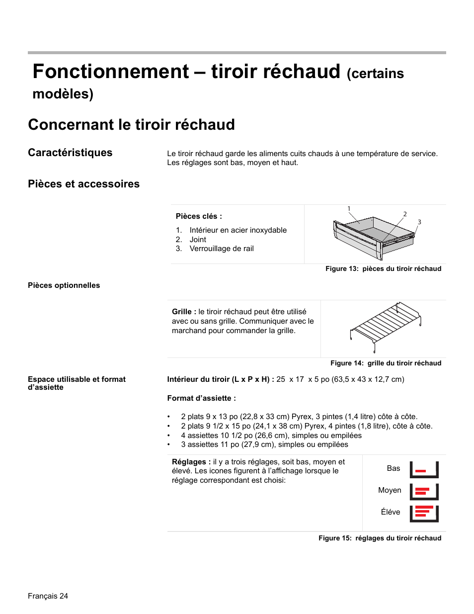 Fonctionnement - tiroir réchaud (certains modèles), Concernant le tiroir réchaud, Caractéristiques | Pièces et accessoires, Intérieur en acier inoxydable, Joint, Verrouillage de rail, Figure 13: pièces du tiroir réchaud, Pièces optionnelles, Figure 14: grille du tiroir réchaud | Siemens HE2216C User Manual | Page 62 / 112