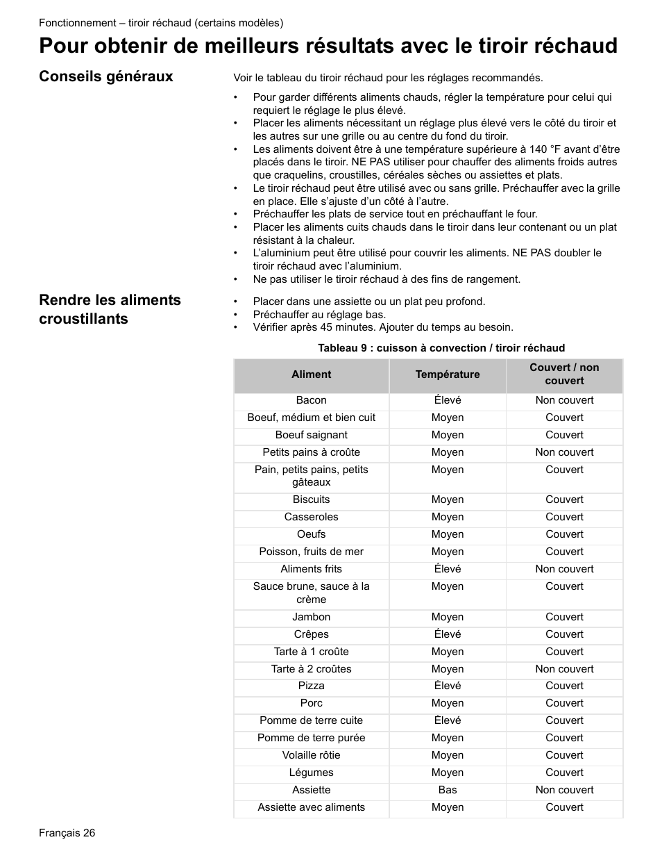 Conseils généraux, Rendre les aliments croustillants, Tableau 9 : cuisson à convection / tiroir réchaud | Siemens HE2216C User Manual | Page 64 / 112