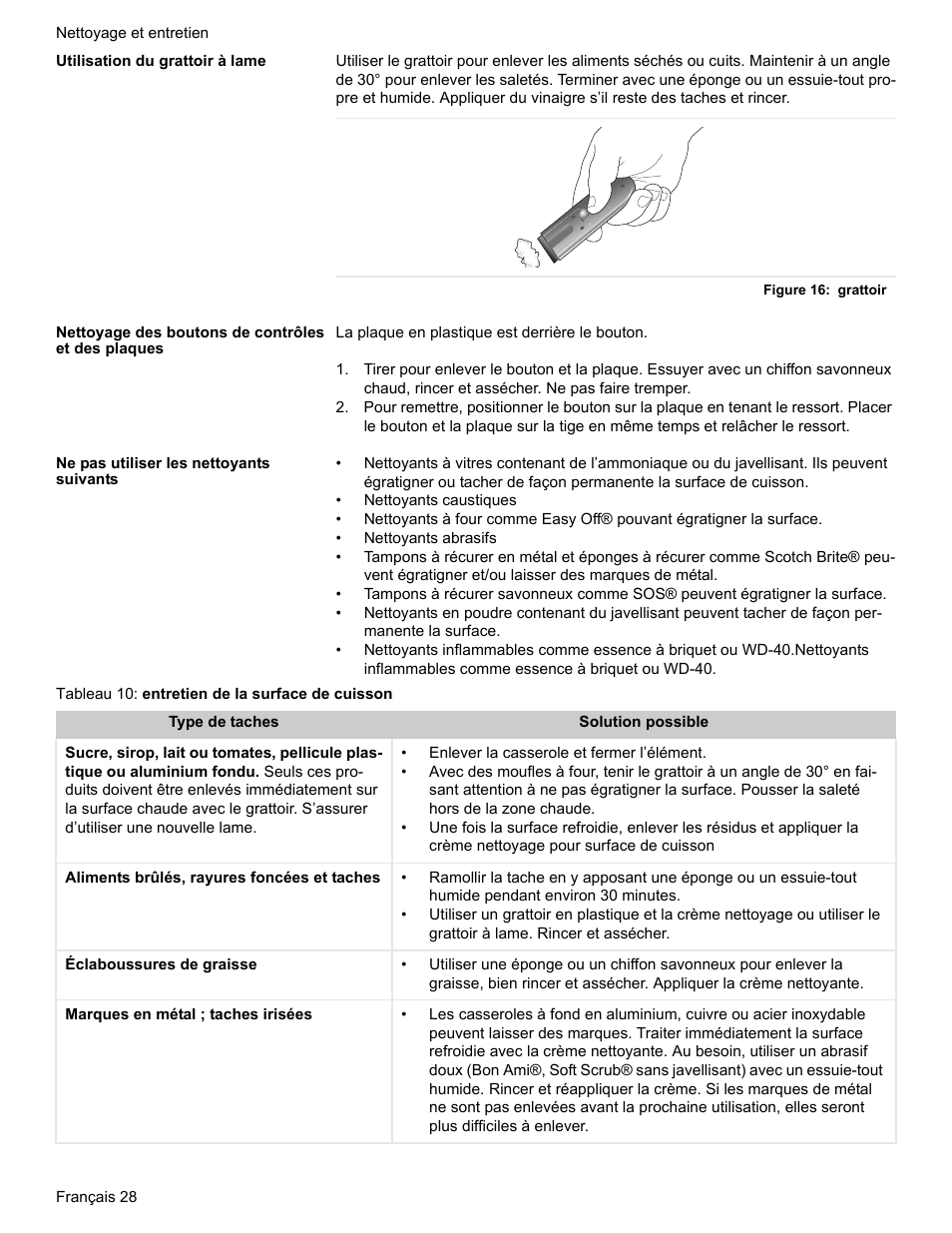 Utilisation du grattoir à lame, Figure 16: grattoir, Nettoyage des boutons de contrôles et des plaques | Ne pas utiliser les nettoyants suivants | Siemens HE2216C User Manual | Page 66 / 112