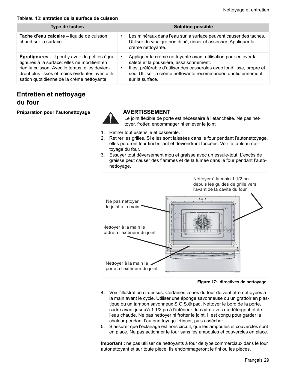 Entretien et nettoyage du four, Préparation pour l’autonettoyage, Retirer tout ustensile et casserole | Figure 17: directives de nettoyage | Siemens HE2216C User Manual | Page 67 / 112