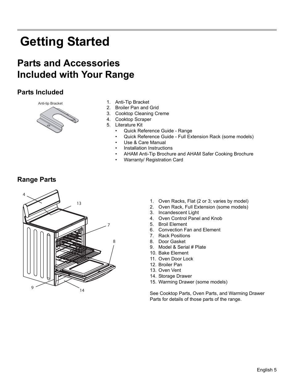 Getting started, Parts and accessories included with your range, Parts included | Anti-tip bracket, Broiler pan and grid, Cooktop cleaning creme, Cooktop scraper, Literature kit, Range parts, Oven racks, flat (2 or 3; varies by model) | Siemens HE2216C User Manual | Page 7 / 112
