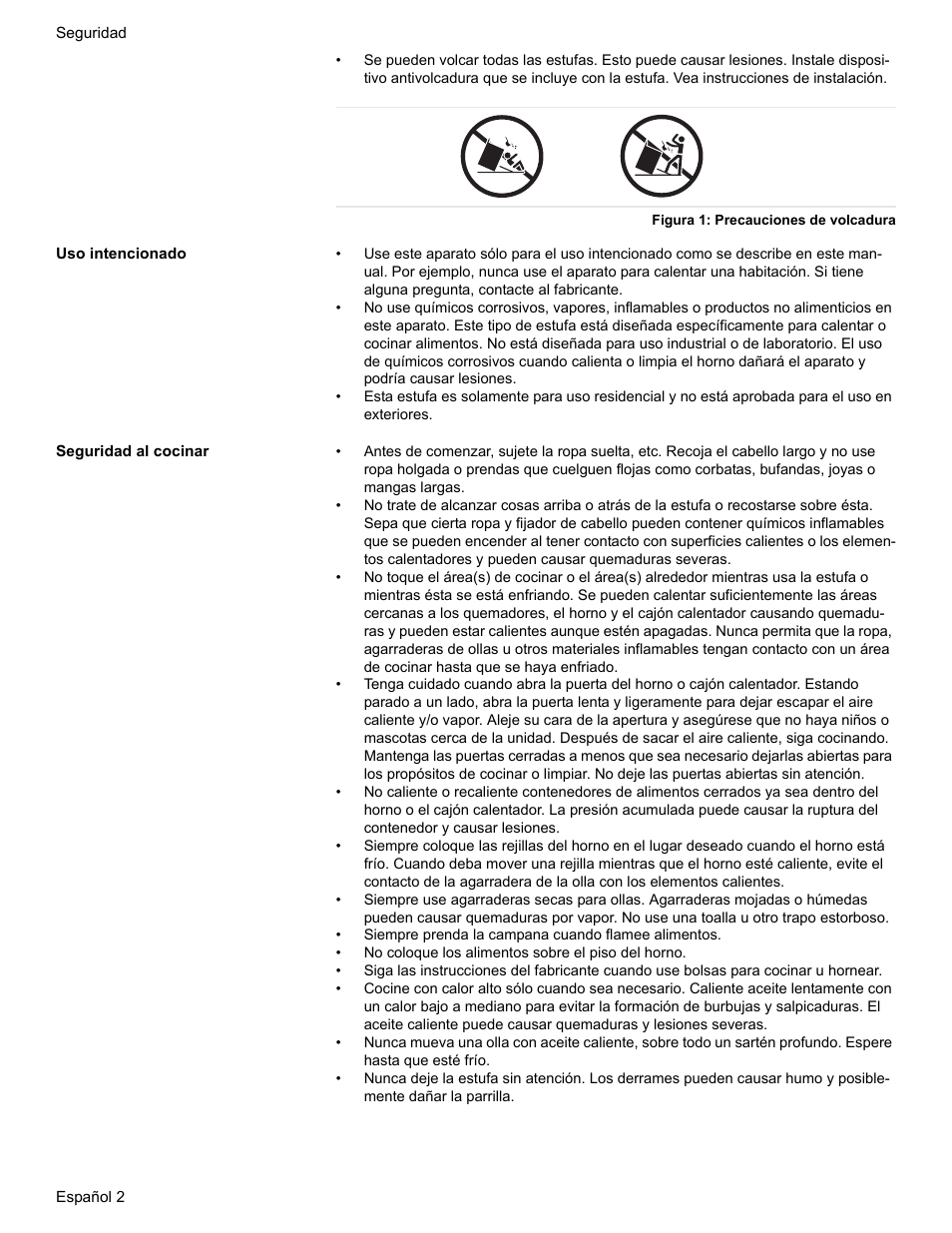 Figura 1: precauciones de volcadura, Uso intencionado, Seguridad al cocinar | Siemens HE2216C User Manual | Page 76 / 112