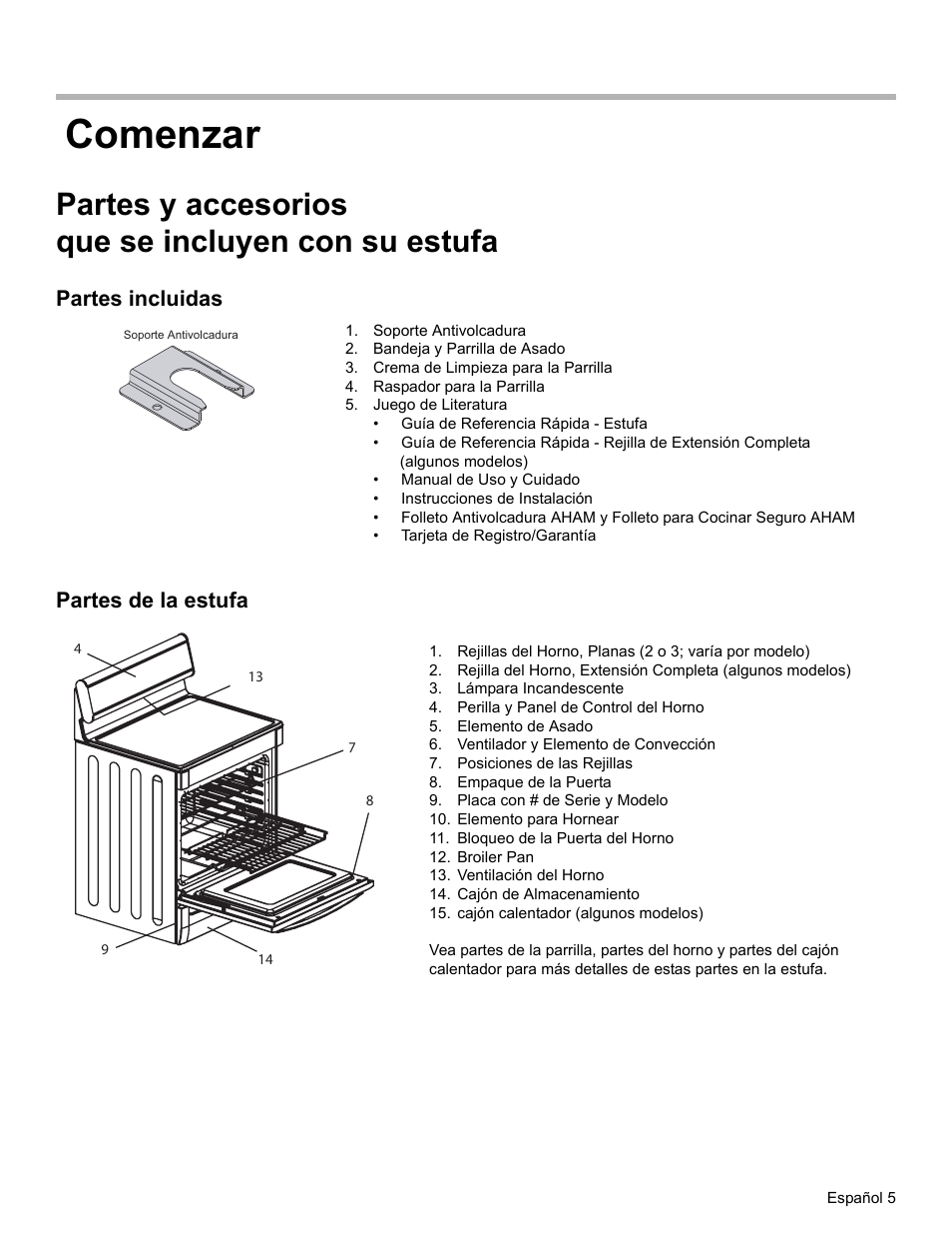 Comenzar, Partes y accesorios que se incluyen con su estufa, Partes incluidas | Soporte antivolcadura, Bandeja y parrilla de asado, Crema de limpieza para la parrilla, Raspador para la parrilla, Juego de literatura, Partes de la estufa, Lámpara incandescente | Siemens HE2216C User Manual | Page 79 / 112