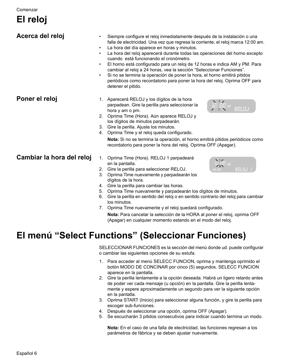 El reloj, Acerca del reloj, Poner el reloj | Gire la perilla. ajuste los minutos, Oprima time y el reloj queda configurado, Cambiar la hora del reloj, Gire la perilla para seleccionar reloj, Gire la perilla para cambiar las horas, El menú “select functions” (seleccionar funciones), Reloj | Siemens HE2216C User Manual | Page 80 / 112