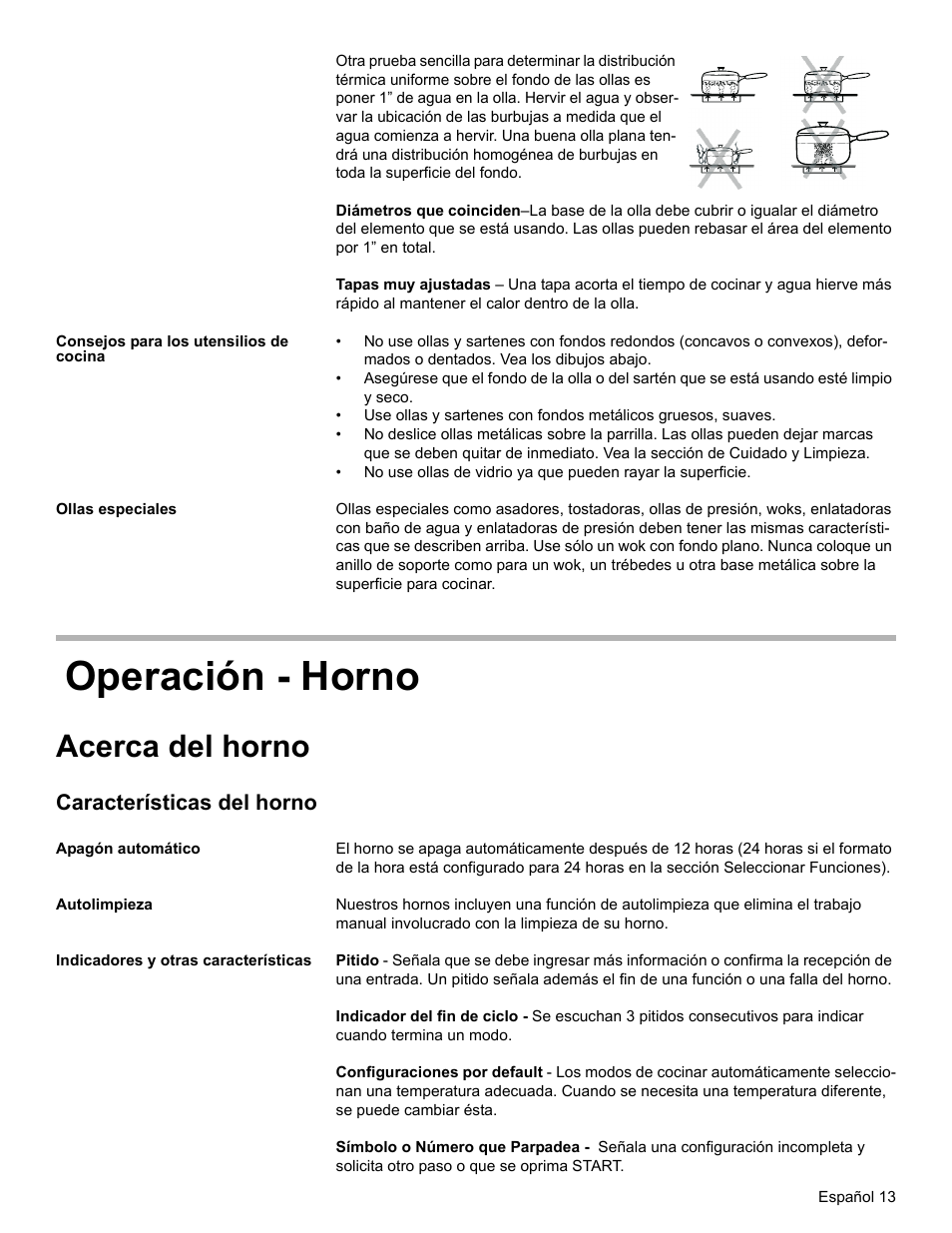 Consejos para los utensilios de cocina, Ollas especiales, Operación - horno | Acerca del horno, Características del horno, Apagón automático, Autolimpieza, Indicadores y otras características | Siemens HE2216C User Manual | Page 87 / 112