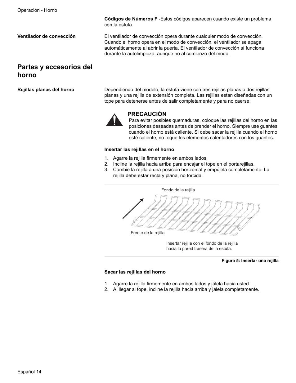 Ventilador de convección, Partes y accesorios del horno, Rejillas planas del horno | Agarre la rejilla firmemente en ambos lados, Figura 5: insertar una rejilla | Siemens HE2216C User Manual | Page 88 / 112