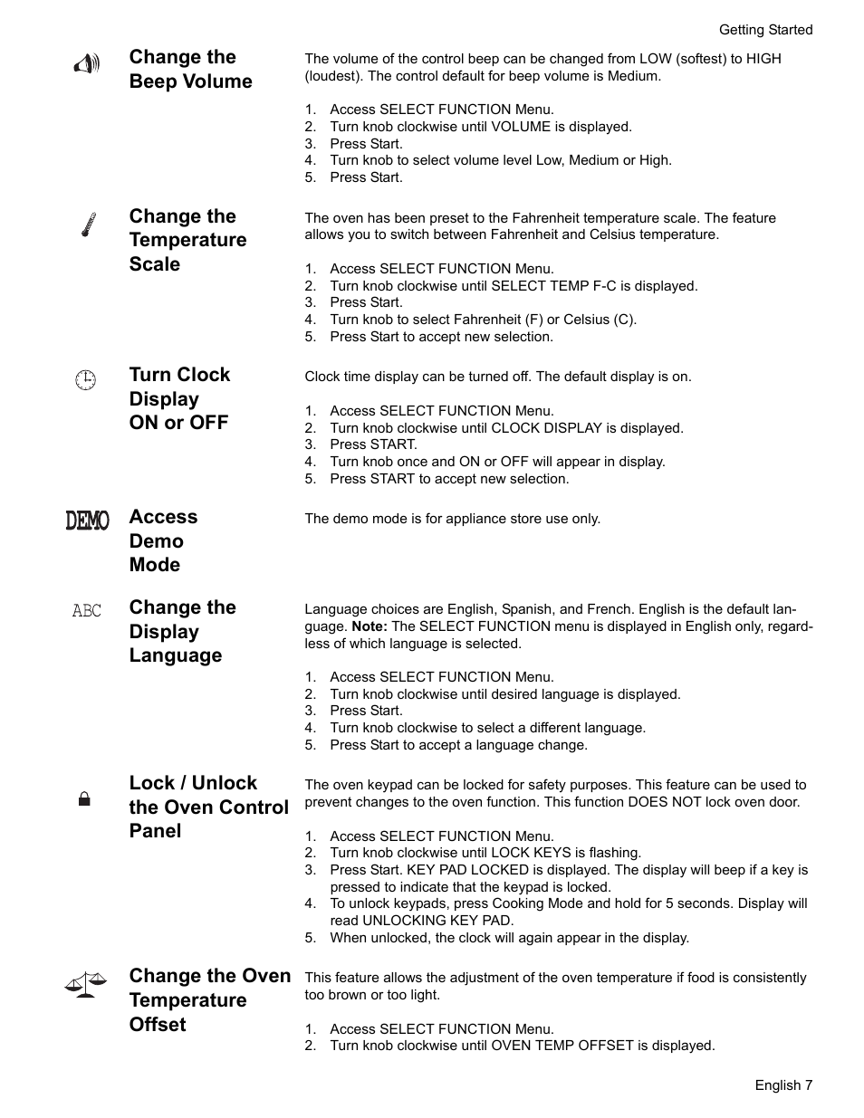 Change the beep volume, Access select function menu, Turn knob clockwise until volume is displayed | Press start, Change the temperature scale, Turn knob to select fahrenheit (f) or celsius (c), Press start to accept new selection, Turn clock display on or off, Access demo mode, Change the display language | Siemens HE2216C User Manual | Page 9 / 112