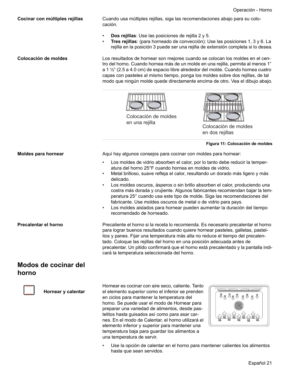 Cocinar con múltiples rejillas, Colocación de moldes, Figura 11: colocación de moldes | Moldes para hornear, Precalentar el horno, Modos de cocinar del horno, Hornear y calentar | Siemens HE2216C User Manual | Page 95 / 112