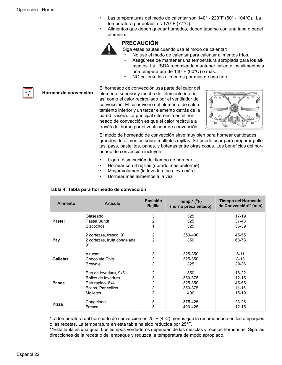 Hornear de convección, Tabla 4: tabla para horneado de convección, Precaución | Siemens HE2216C User Manual | Page 96 / 112