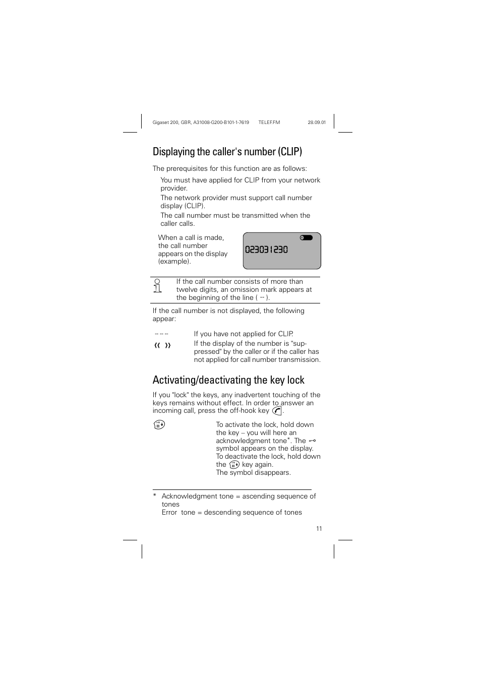 Displaying the caller's number (clip), Activating/deactivating the key lock | Siemens optipoint 200 User Manual | Page 11 / 27