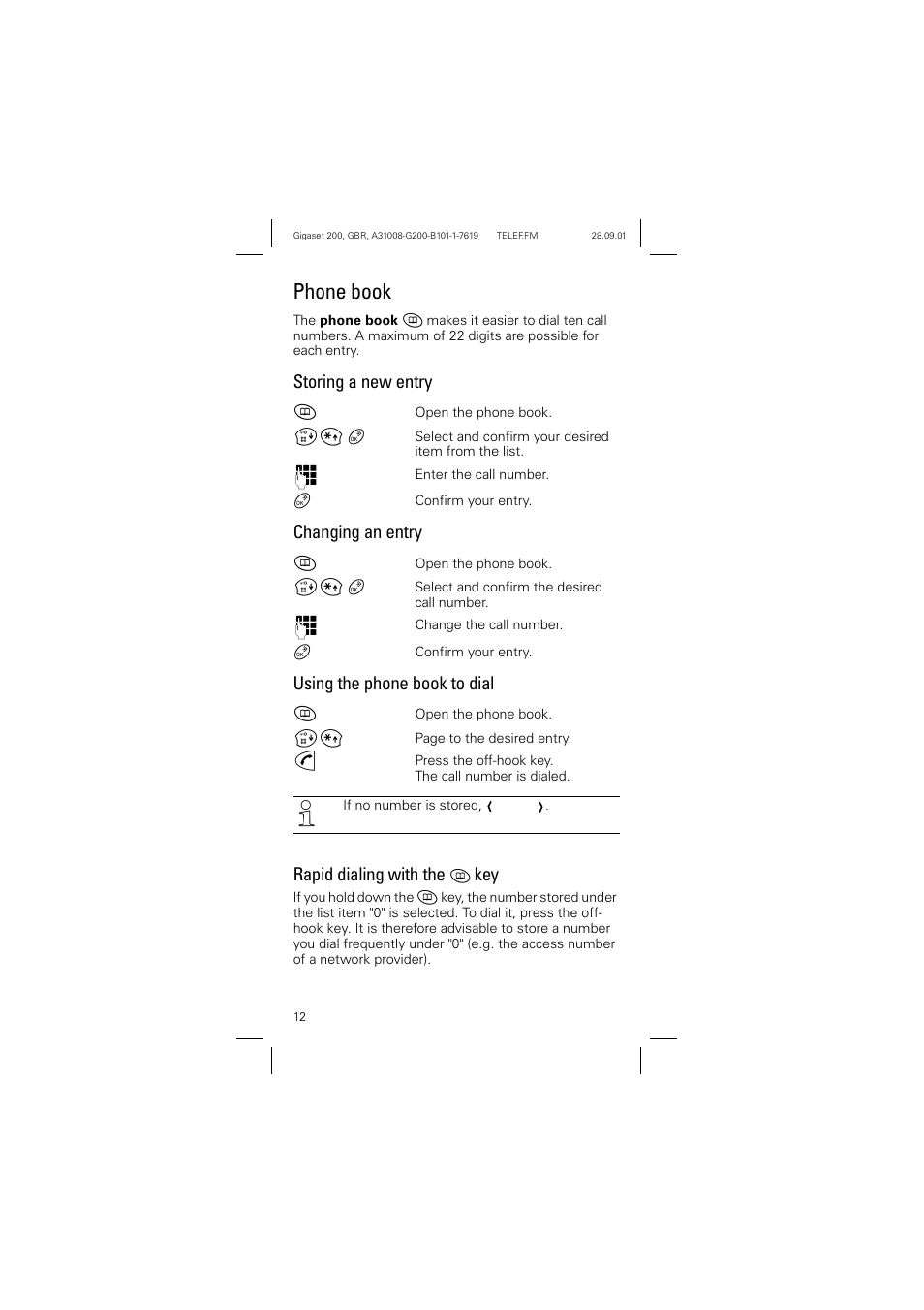 Phone book, Storing a new entry, Changing an entry | Using the phone book to dial, Rapid dialing with the h key | Siemens optipoint 200 User Manual | Page 12 / 27