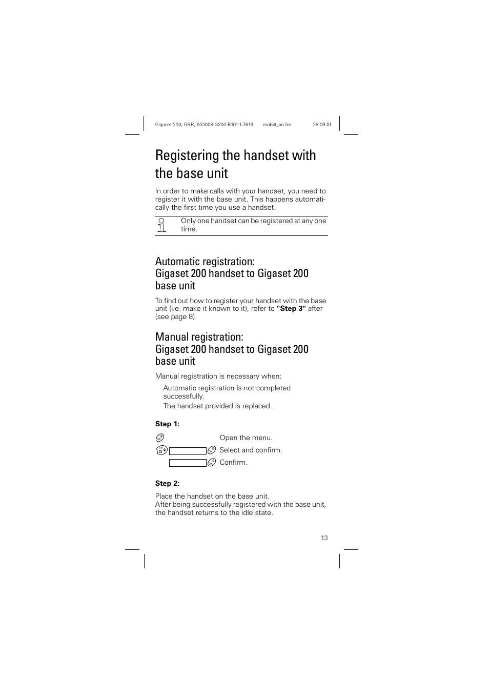 Registering the handset with the base unit | Siemens optipoint 200 User Manual | Page 13 / 27