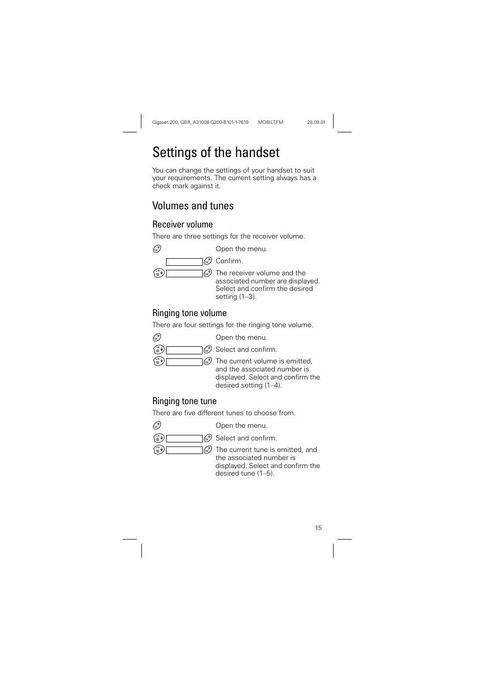 Settings of the handset, Volumes and tunes, Receiver volume | Ringing tone volume, Ringing tone tune | Siemens optipoint 200 User Manual | Page 15 / 27