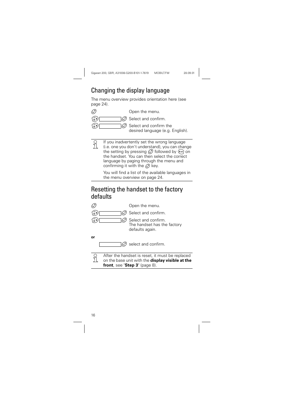 Changing the display language, Resetting the handset to the factory defaults | Siemens optipoint 200 User Manual | Page 16 / 27