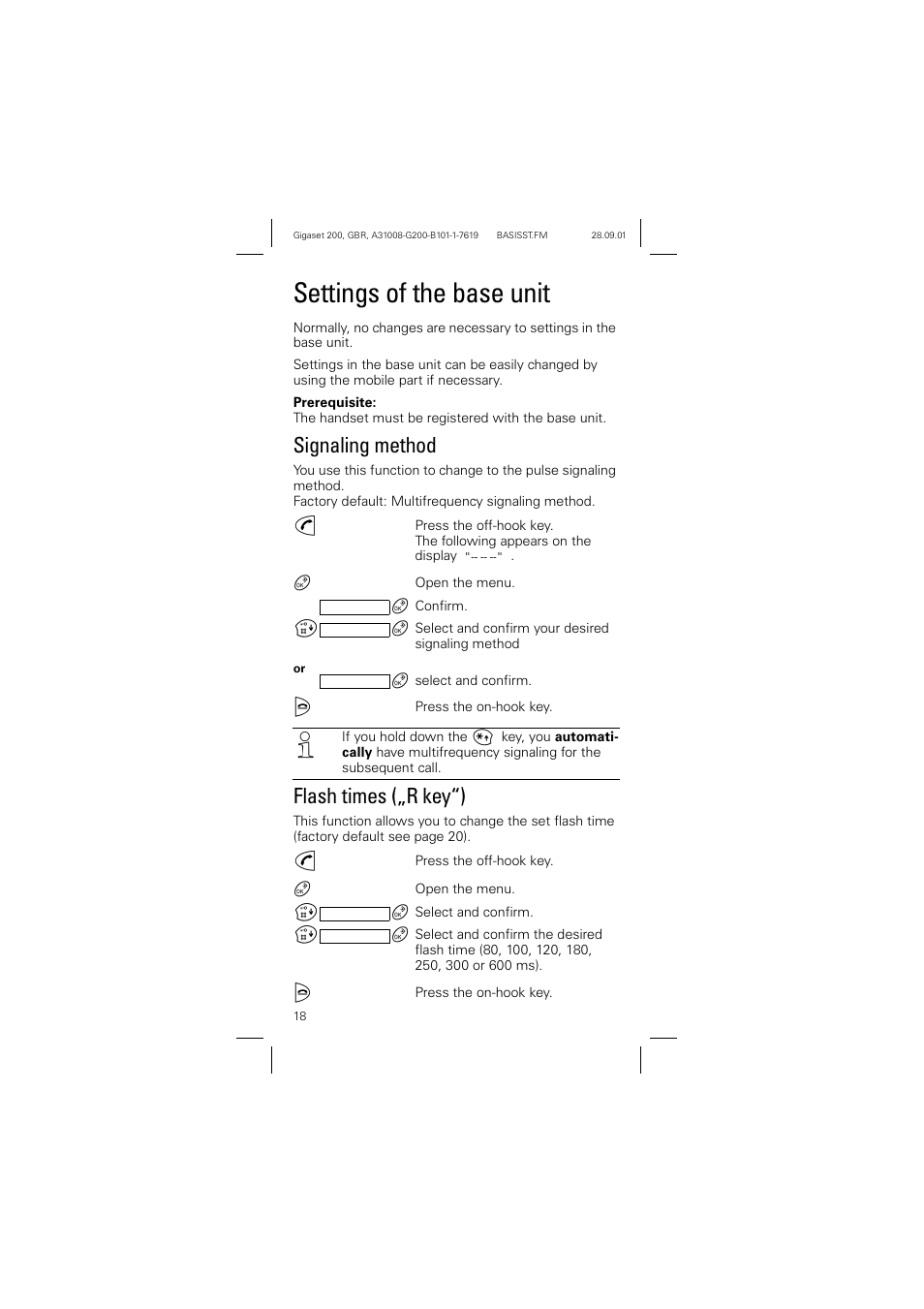 Settings of the base unit, Signaling method, Flash times („r key“) | Signaling method flash times („r key“) | Siemens optipoint 200 User Manual | Page 18 / 27